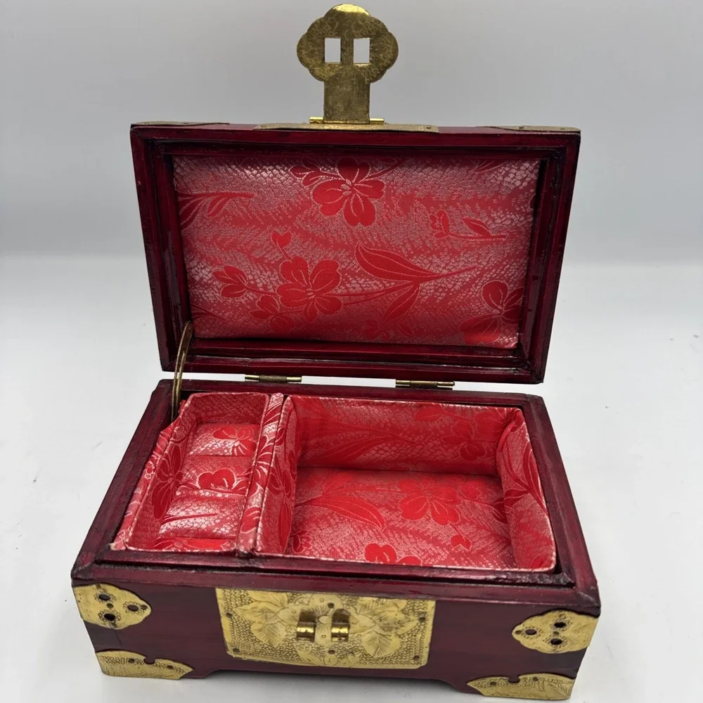 Vintage Chinese Rosewood Jewelry Box Jade Inlay Brass & Silk Accents